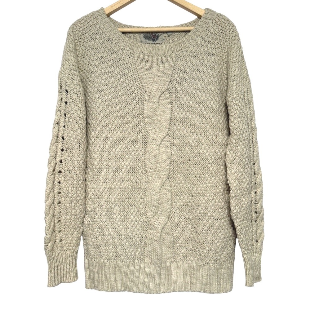 Ecote Cable Knit Sweater Womens L Crochet Chunky Fisherman Wheat Wool Blend